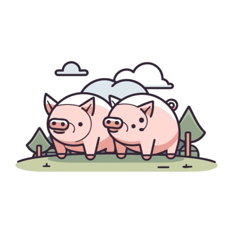 Vector illustration of two piglets in the meadow. Farm animals.