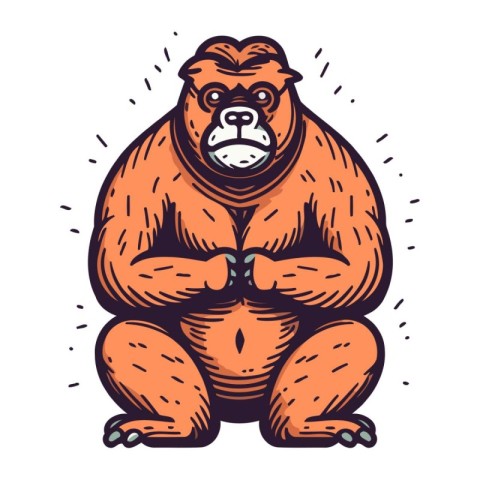 Gorilla sitting. Hand drawn vector illustration in cartoon style