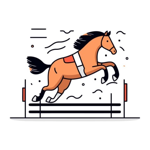 Horse jumping over obstacles. Vector illustration in flat cartoo