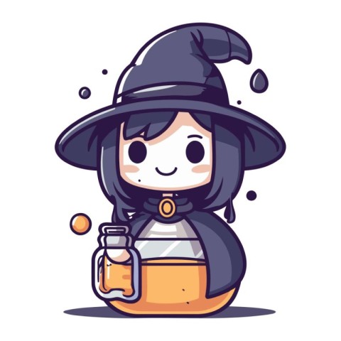 Cute little witch girl holding a magic potion. Vector illustrati