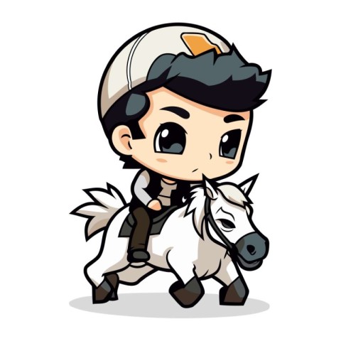 Cute boy riding a white horse. Vector illustration in cartoon st