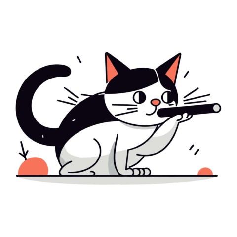 Cute cat playing with a gun. Vector illustration in cartoon styl