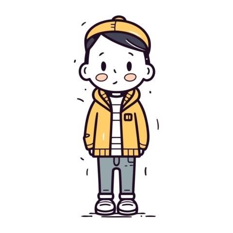 cute boy wearing winter coat and cap. hand drawn vector illustra