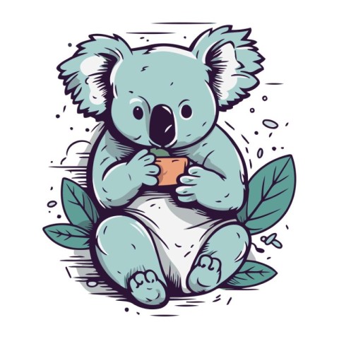 Cute cartoon koala bear with a cup of tea. Vector illustration.