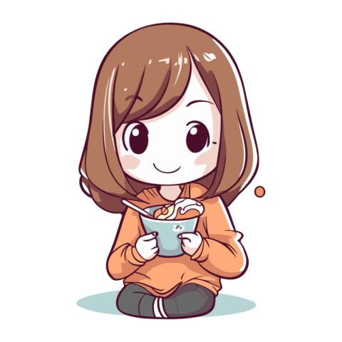 Illustration of a Cute Little Girl Eating a Bowl of Rice