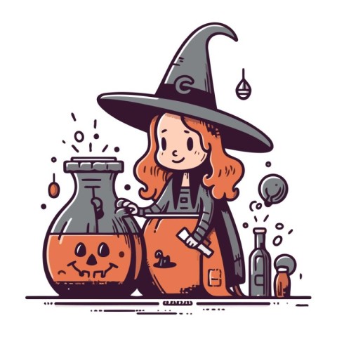 Cute cartoon girl in witch costume with potion. Vector illustrat