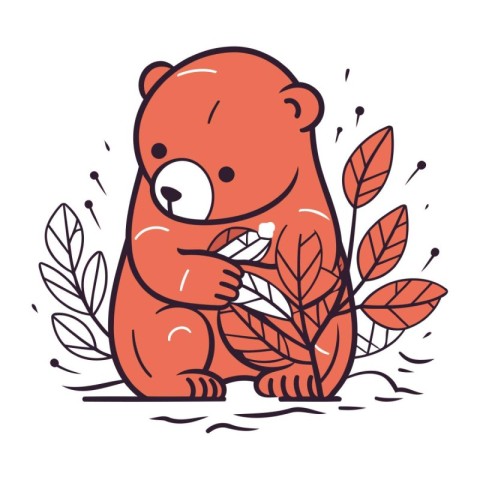 Cute cartoon bear with leaves. Vector illustration in doodle sty