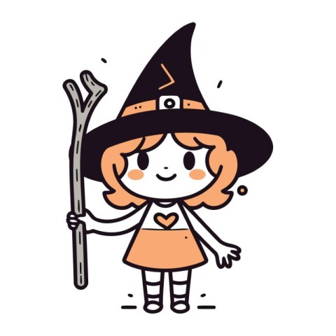 Cute little girl in witch costume with magic wand. Vector illust