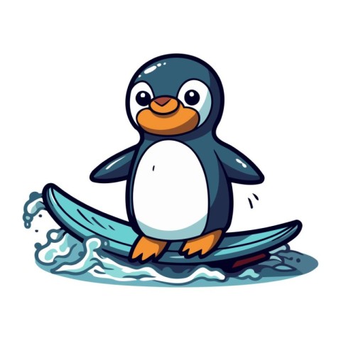 Cute cartoon penguin on a surfboard. Vector illustration.