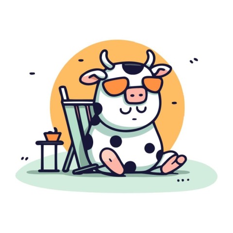 Cute cartoon cow in sunglasses sitting on chair. Vector illustra