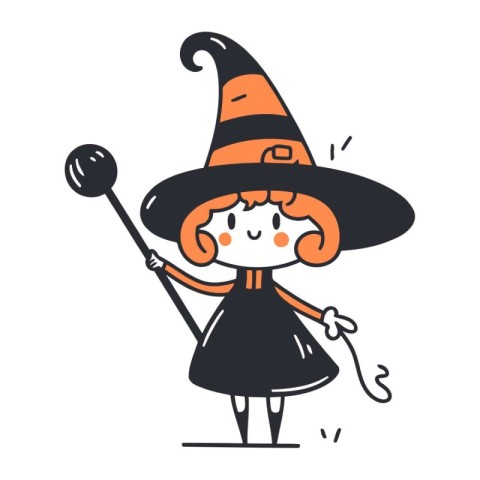 Cute little witch with a magic wand. Halloween vector illustrati