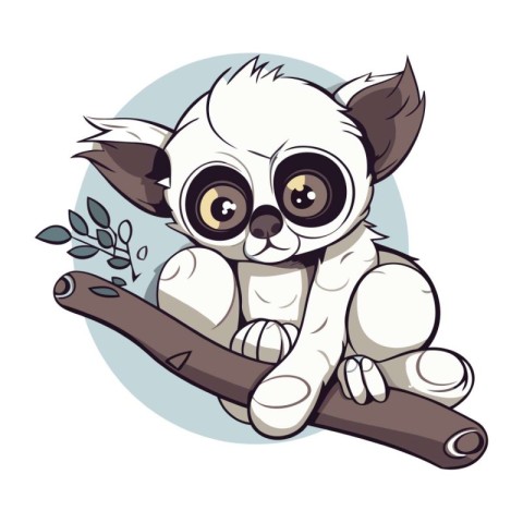 Cute baby lemur sitting on a branch. Vector illustration.