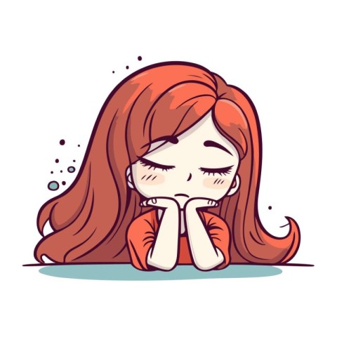 Illustration of a sad girl with long red hair. Vector.