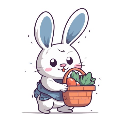 Rabbit with basket of vegetables. Cute cartoon vector illustrati