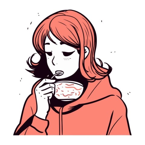 Illustration of a woman in a red hoodie with a cup of coffee