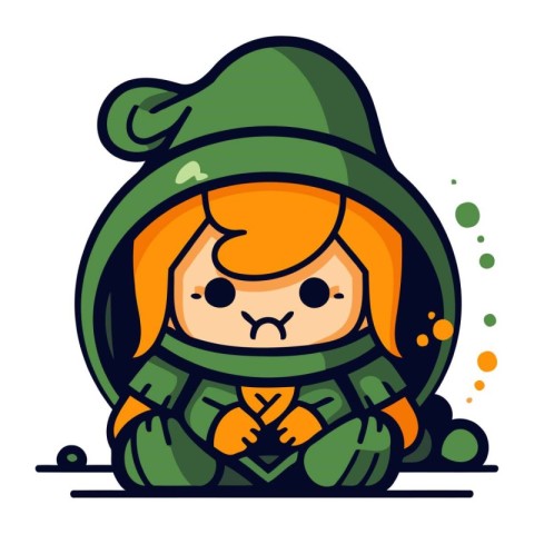 Cute little girl in green hat and scarf. Vector illustration.