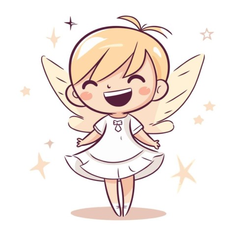 Cute little girl in white dress with wings and stars. Vector ill