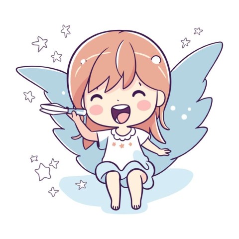 cute little angel girl with wings and thermometer cartoon vector