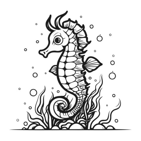 Seahorse in the sea. Black and white vector illustration.