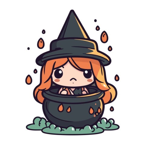 Cute little girl in witch costume holding pot of potion. Vector