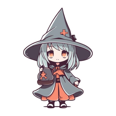 Cute little girl witch in halloween costume. Vector illustration