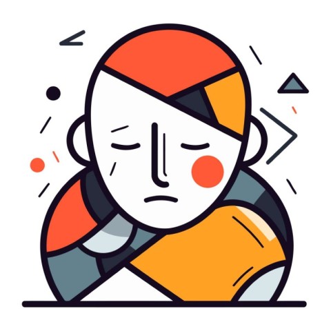 Vector illustration in flat line style of sad and depressed man