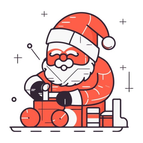 Santa Claus with a train. Vector illustration in line art style.