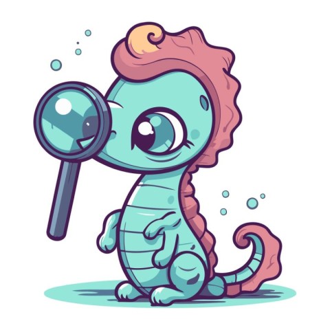 Cartoon cute seahorse with magnifying glass. Vector illustration