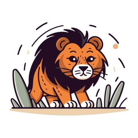 Cartoon lion standing on the grass. Vector illustration isolated