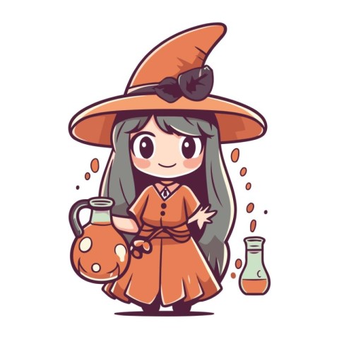 Cute little girl in witch costume. Vector illustration in cartoo