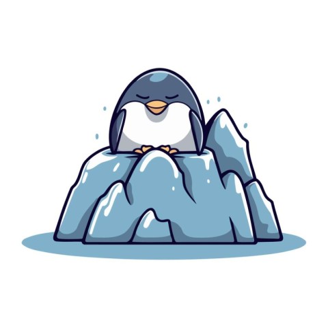 Cute cartoon penguin sitting on the ice. Vector illustration.