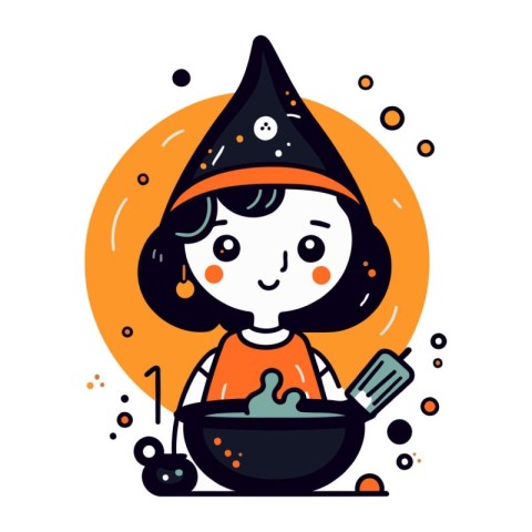 Cute little girl in a witch costume cooking. Vector illustration