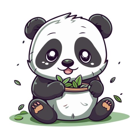 Cute cartoon panda sitting on the grass and holding a pot with l