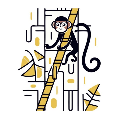 Monkey climbing up a ladder. Vector illustration in flat style.