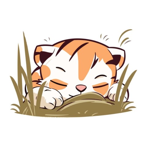 Cute tiger sleeping in grass. Vector illustration isolated on wh