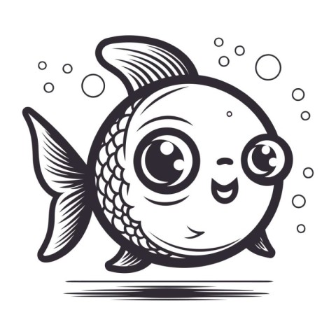 Cute cartoon fish. Black and white vector illustration isolated