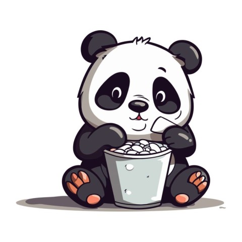 Cute panda with a bucket of ice cream. Vector illustration