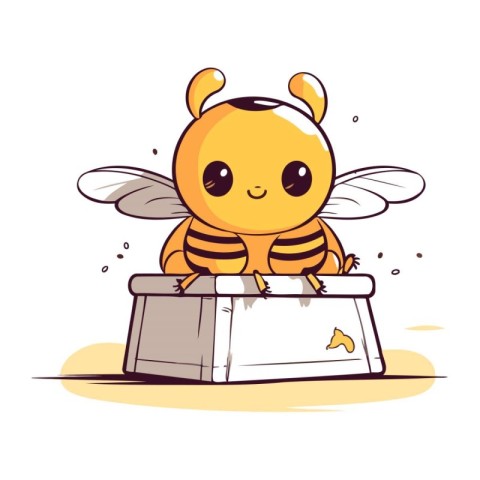 Cute cartoon bee sitting on the food box. Vector illustration.