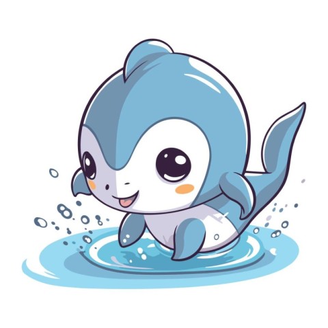 Cute cartoon baby penguin swimming in water. Vector illustration