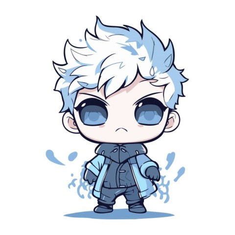 Cute cartoon anime boy with blue eyes and blue hair. Vector illu