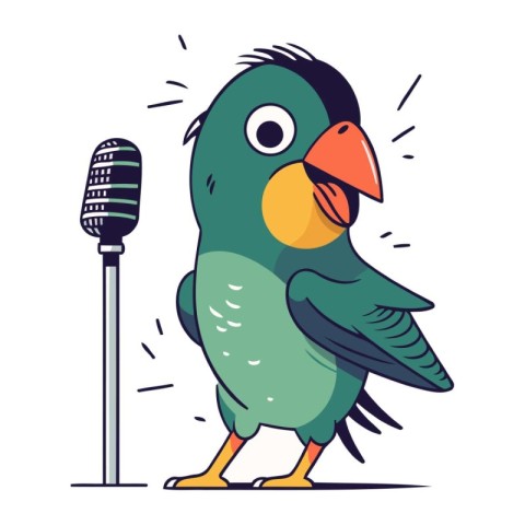 Cute cartoon parrot singing into a microphone. Vector illustrati