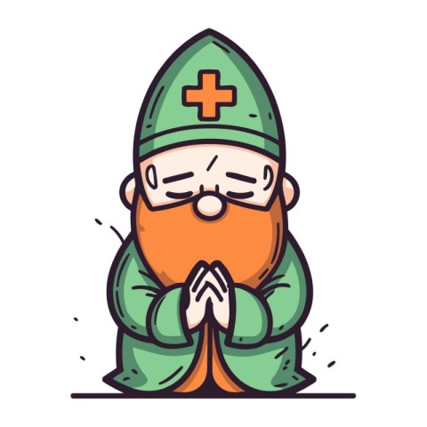 Cute cartoon gnome with a cross in his hands. Vector illustratio