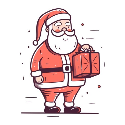 Santa Claus holding gift box. Vector illustration in line art st