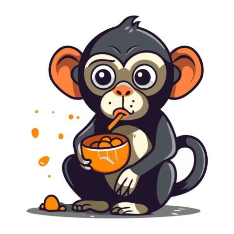 Cute monkey with a bowl of food. Cartoon vector illustration.