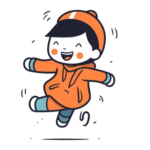 Little boy in winter clothes jumping and smiling. Vector line ar