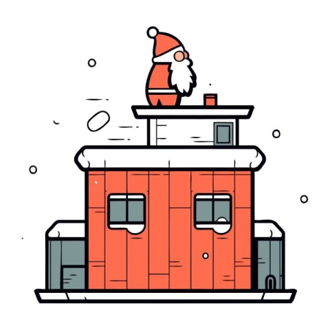 Santa Claus on the roof of a house. Vector illustration in line