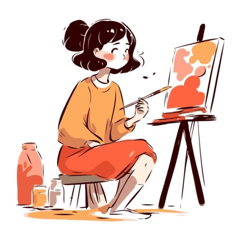 Girl painting a picture on easel. Vector illustration in cartoon