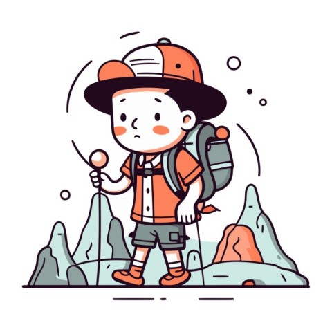 Cute little explorer boy with backpack and binoculars. Vector il