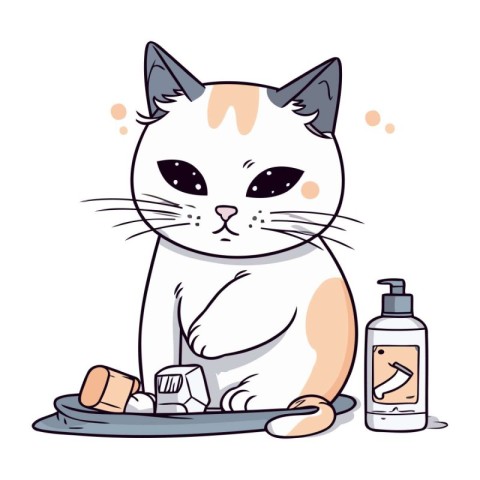 Vector illustration of a cute cat sitting next to a bottle of sh