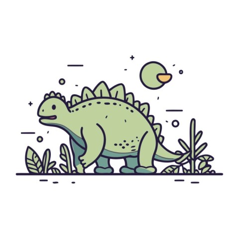 Cute Dinosaur in the jungle. Vector illustration in line style.